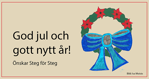 Bild med en tecknad julkrans och texten God jul och gott nytt år önskar Steg för Steg!